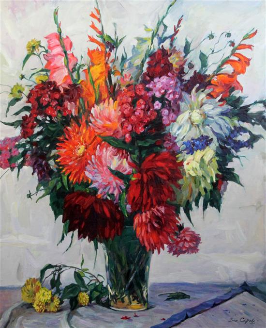 Vasily Serov (1941-) Still life of flowers in a glass vase 40 x 33.5in., unframed